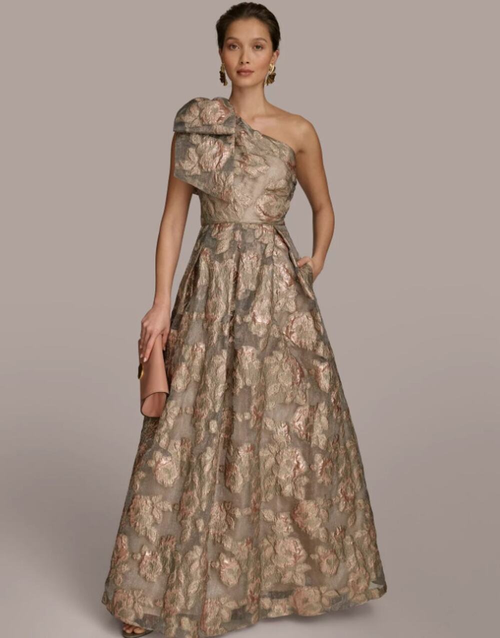 NWT Donna Karan Floral Metallic Jacquard One Shoulder Gown Snow Petal Multi Sz 2